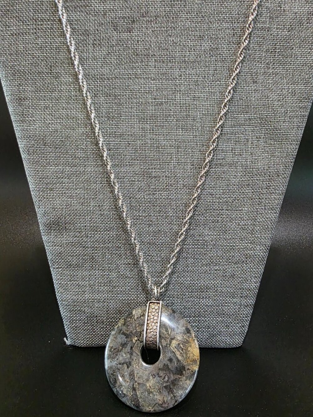 Vintage Natural Larvikite Khyber Stone Pi Disc Pendant Necklace 26" Rope 42g